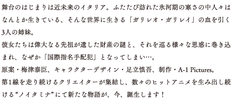 時は西暦2061年。温暖化も今は昔、氷河期の初期環境が全世界を覆っていた。イタリアはトスカーナに住むガリレオ・ガリレイの末裔、星月・神月・葉月は、突然、謎の組織から襲撃を受け、挙句の果てに国際指名手配犯にされてしまう。そんな組織の目的は「ガリレオテゾロ」と呼ばれる何かだった。三人には全く心当たりがないものの、姉妹で力を合わせて、この危機を乗り越えなければ！…けれどもこの三人、性格がバラバラすぎて、心を一つに合わせるのは至難のワザだった。テゾロとは？組織とは？そして三姉妹の命運は…？三者三様の少女たちが繰り広げる、バトルアクションアドベンチャー！