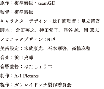 原作：梅津泰臣・teamGD　監督：梅津泰臣　キャラクターデザイン・総作画監督：足立慎吾　脚本： 倉田英之、待田堂子、熊谷 純、岡 篤志　メカニックデザイン：Niθ　美術設定：末武康光、石本剛啓、高橋麻穂　音楽：浜口史郎　音響監督：はたしょう二　制作：A-1 Pictures　製作：ガリレイドンナ製作委員会　オープニング・テーマ：「シンクロマニカ」ねごと　エンディング・テーマ：「イノセント」 earthmind